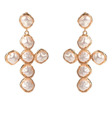 Zuleika Cross Pearl Dangle Earrings — Cream