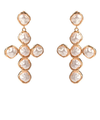 Zuleika Cross Pearl Dangle Earrings — Cream
