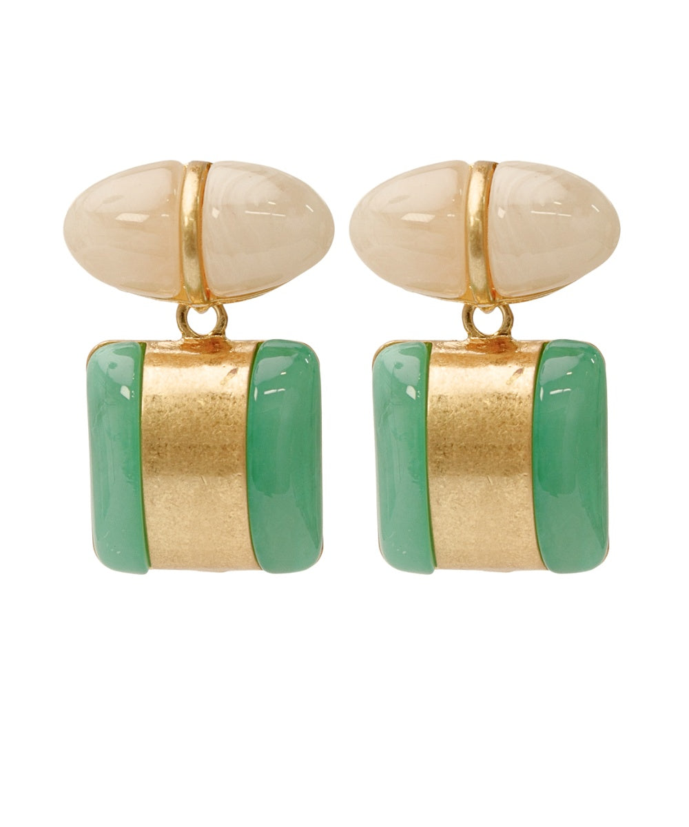 Aitana Oval and Square Stone with Curved Bar Earrings — Mint/Ivory