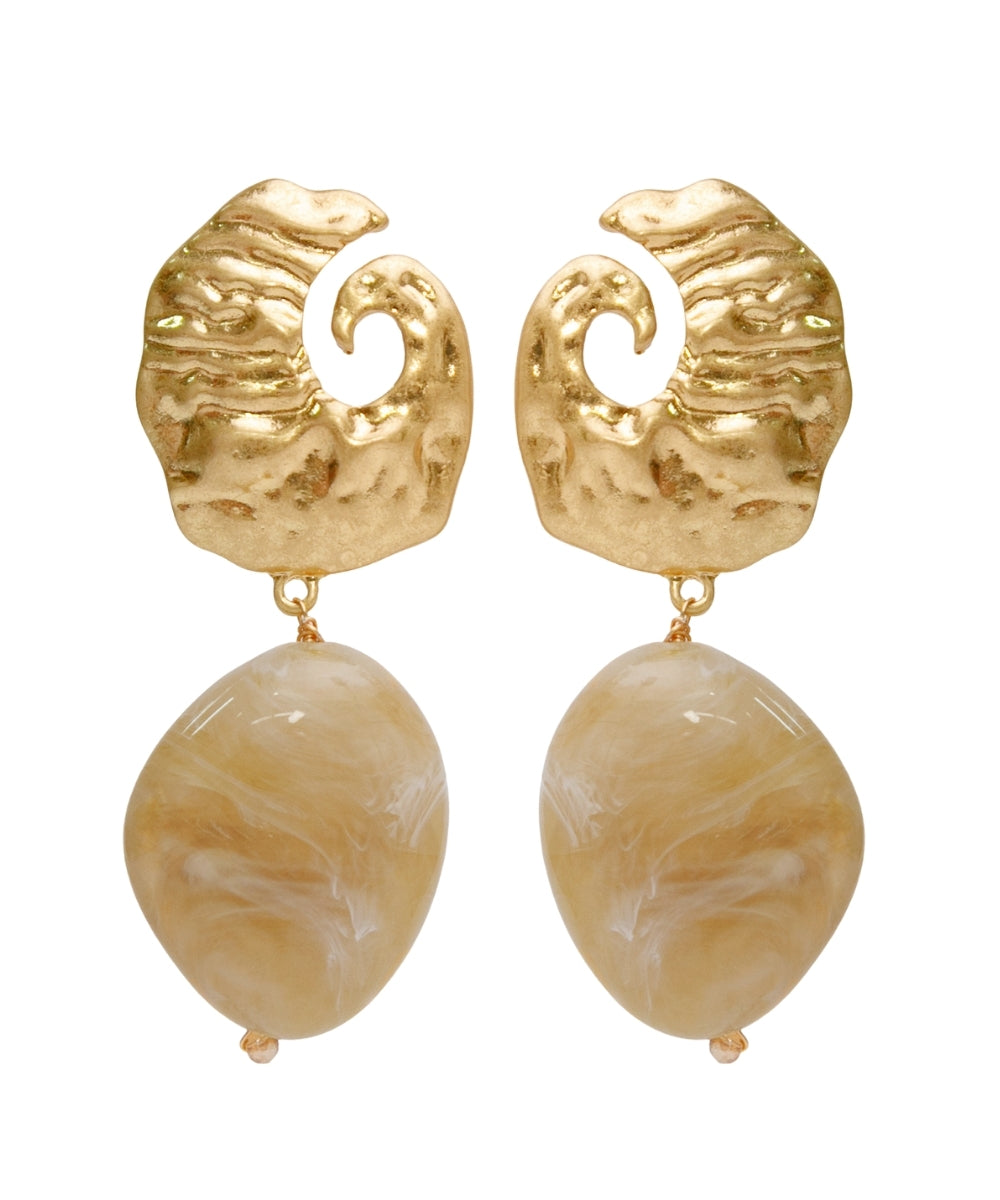 Alondra Curved Metal and Color Stone Drop Earrings — Khaki