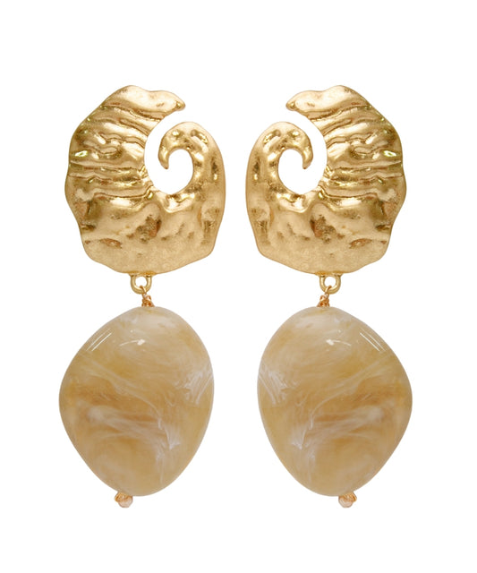Alondra Curved Metal and Color Stone Drop Earrings — Khaki