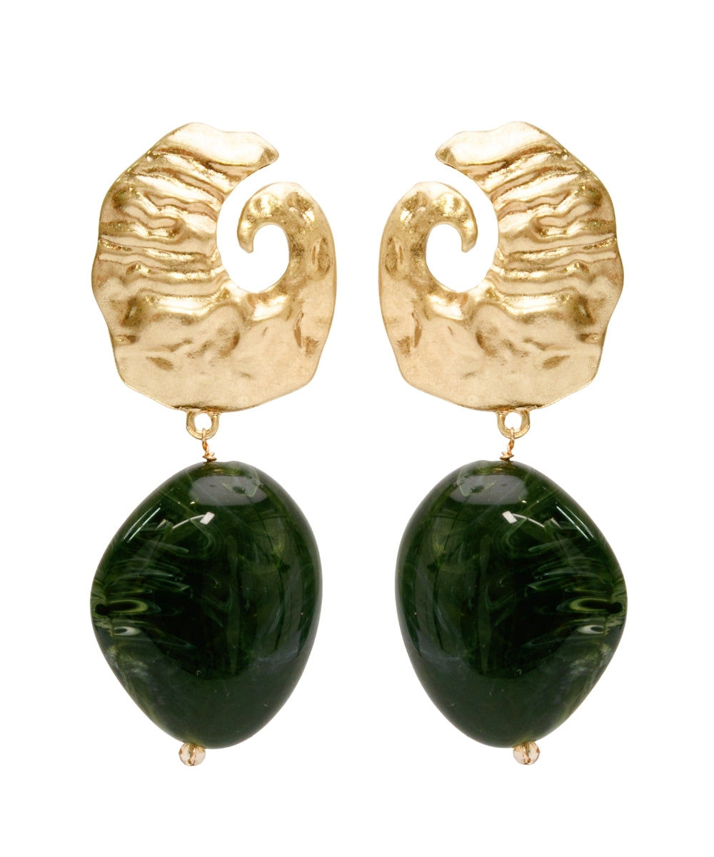 Alondra Curved Metal and Color Stone Drop Earrings — Olive