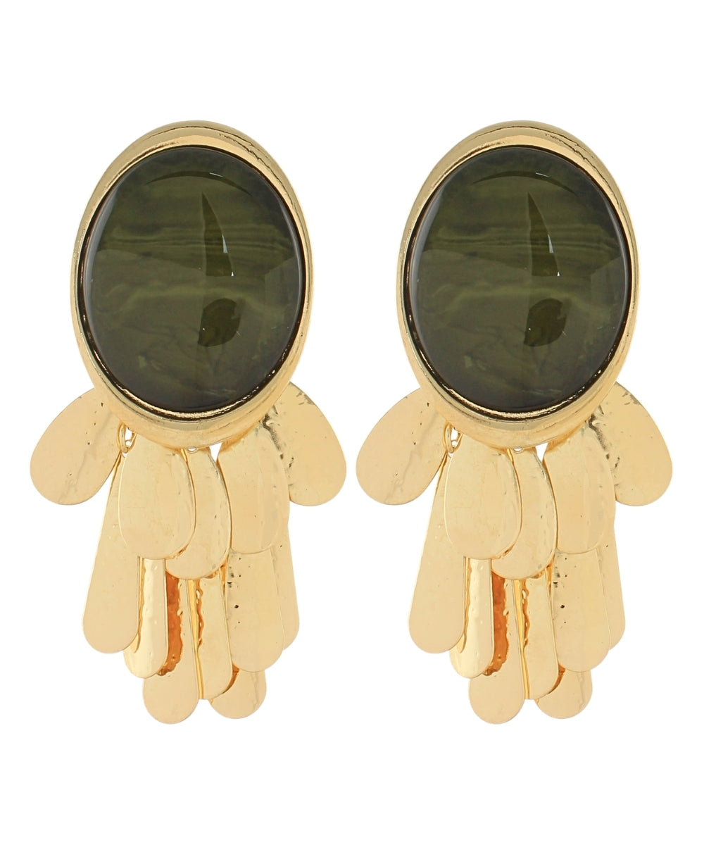 Anouk Oval Stone and Fringe Teardrop Earrings — Olive
