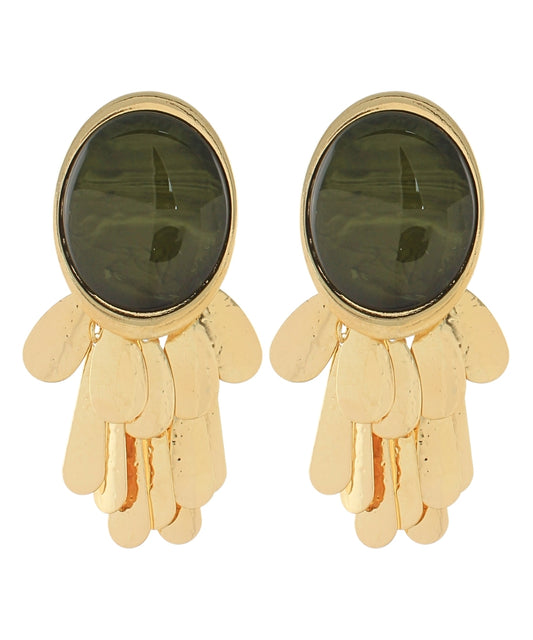 Anouk Oval Stone and Fringe Teardrop Earrings — Olive