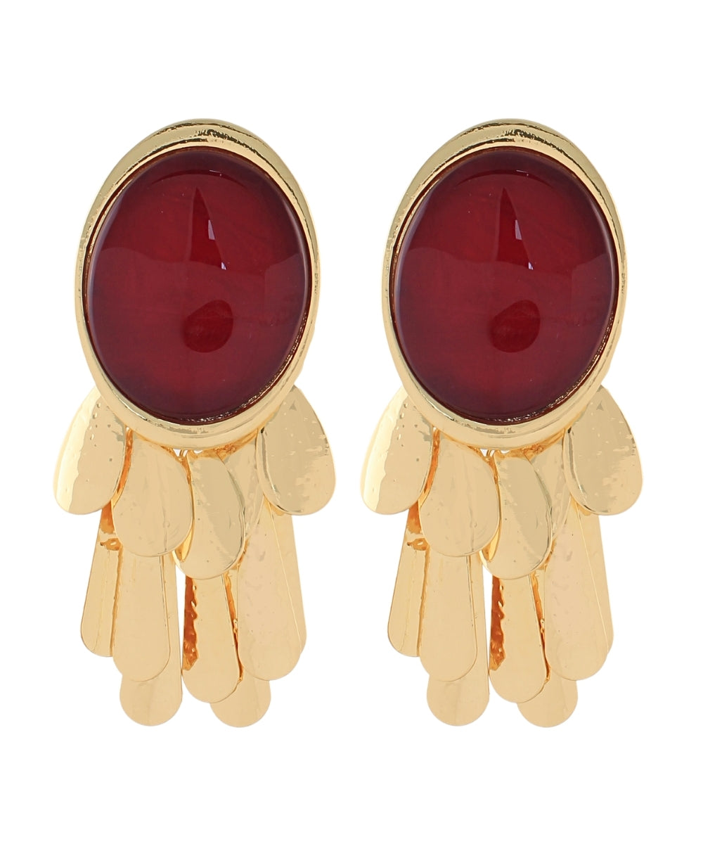 Anouk Oval Stone and Fringe Teardrop Earrings — Burgundy