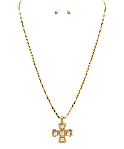 Artemisia Convertible Byzantine Cross with Pearl Necklace — 24K Vintage Gold