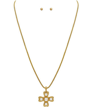 Artemisia Convertible Byzantine Cross with Pearl Necklace — 24K Vintage Gold