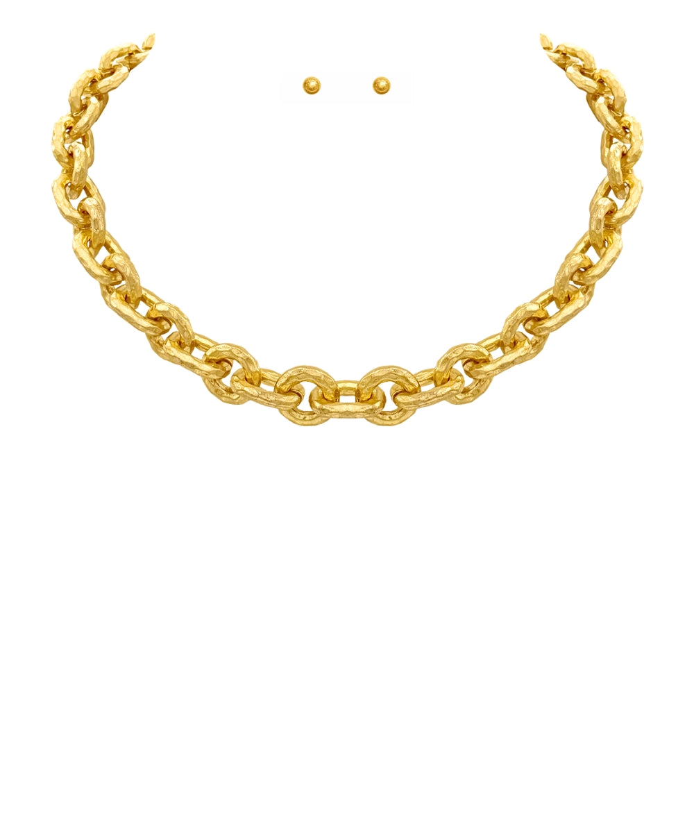 Assia Hammered Chain Link Necklace — Vintage Gold