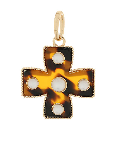 Ginevra Tortoise Cross Charm — Tortoise/White Opal