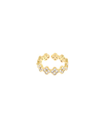 Vianne Linked Pavé Crystal Clover Open Ring — Gold/Clear