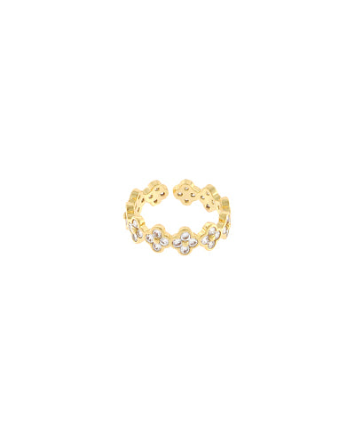 Vianne Linked Pavé Crystal Clover Open Ring — Gold/Clear