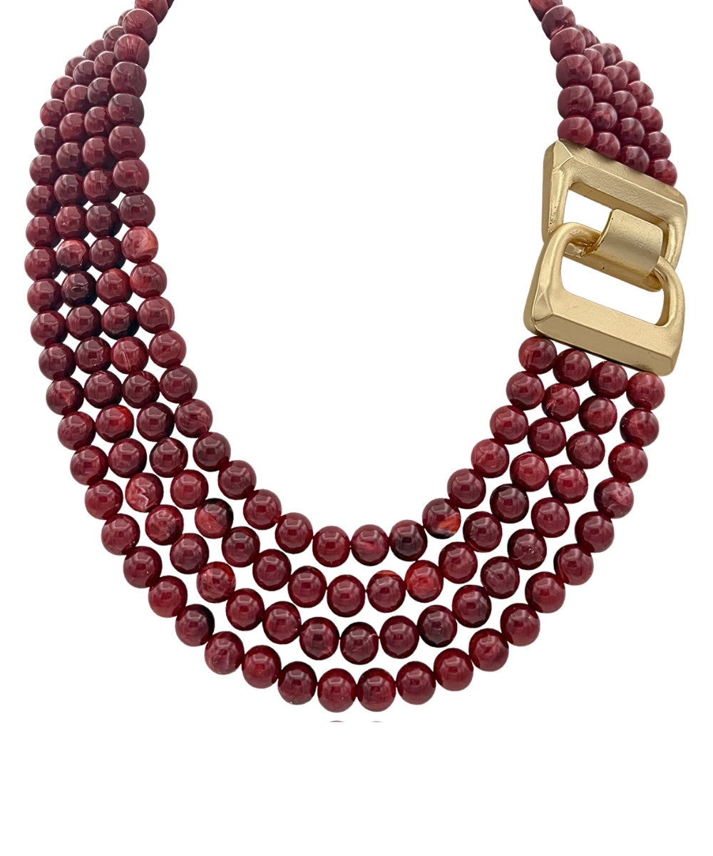 Burgundy Four Strand Bead Necklace in Burgundy